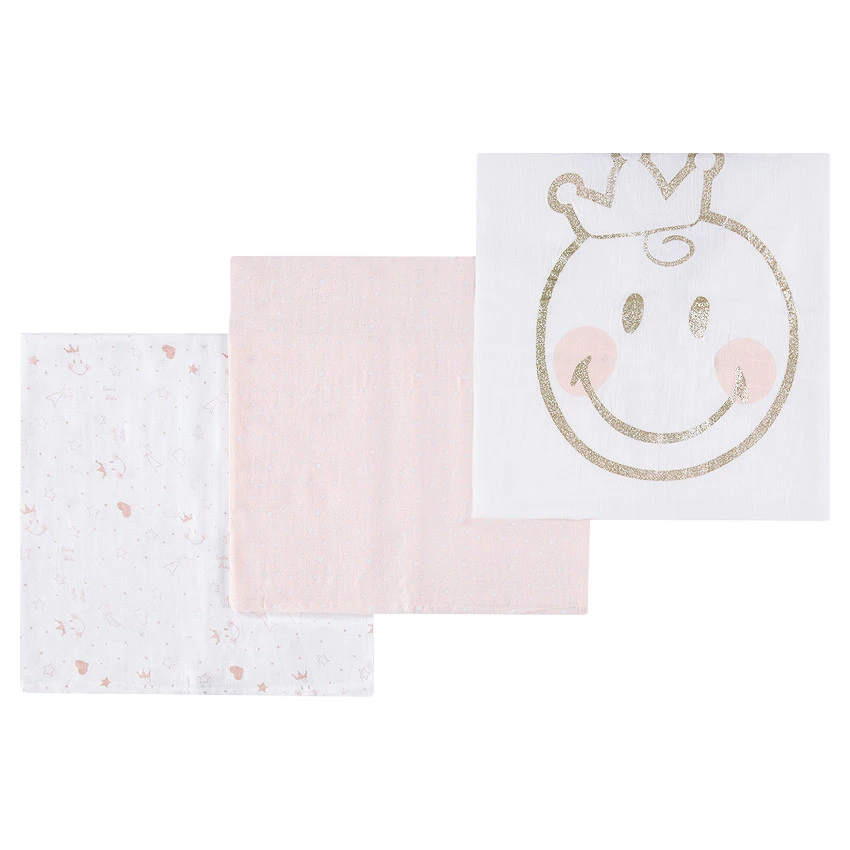 Lot De 3 Langes En Gaze De Coton Motif Smiley Girl 3 Lot De 3 Langes En Gaze De Coton Motif Smiley Girl